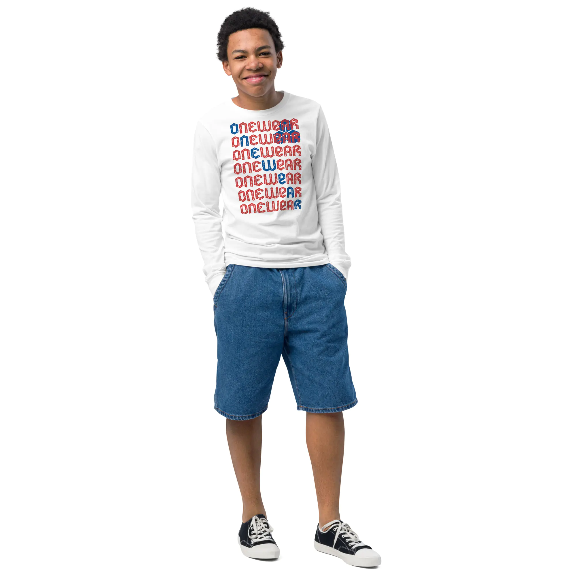 One Wear Graphic Series 07 – Youth long sleeve tee – Red & Royal - Image 4