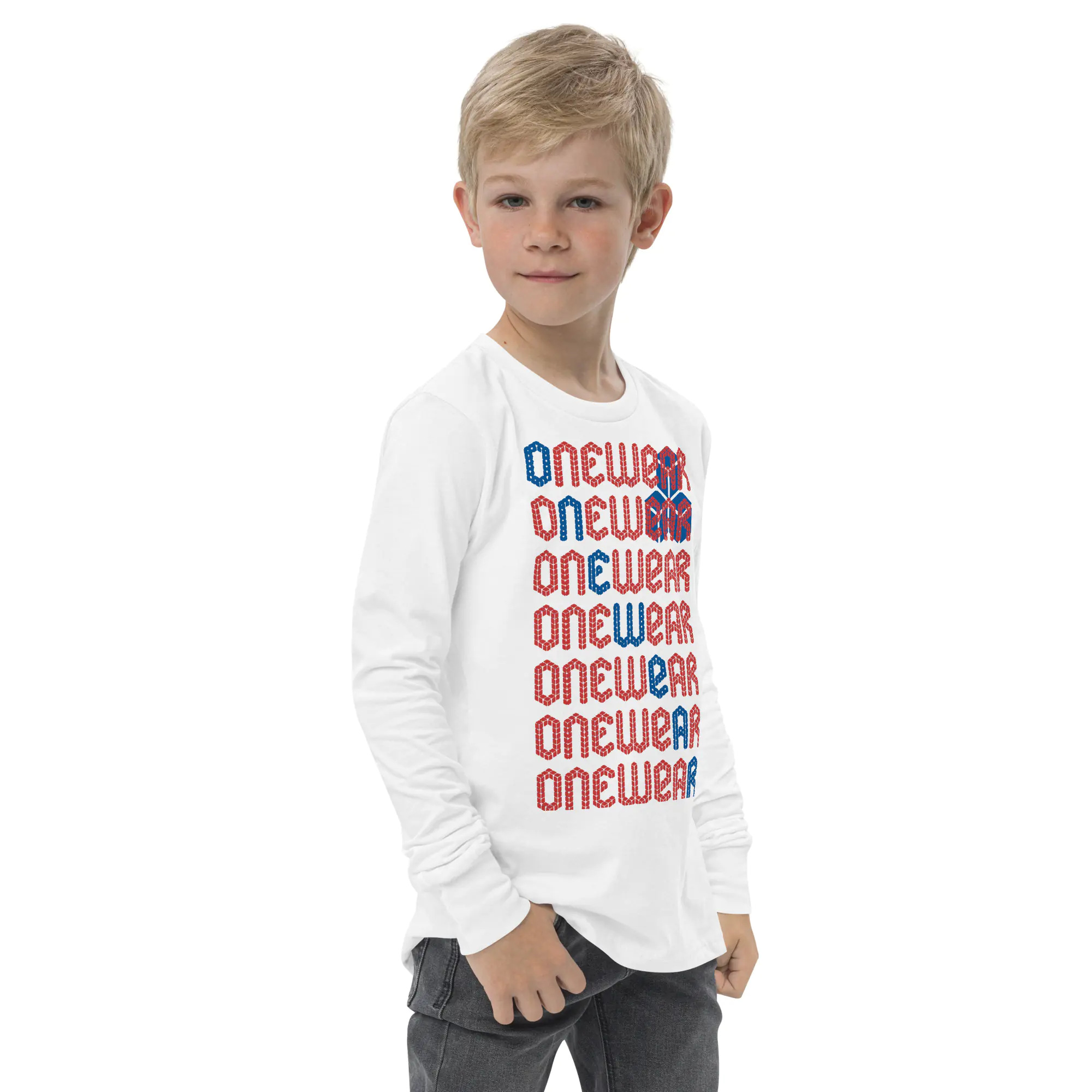 One Wear Graphic Series 07 – Youth long sleeve tee – Red & Royal - Image 3