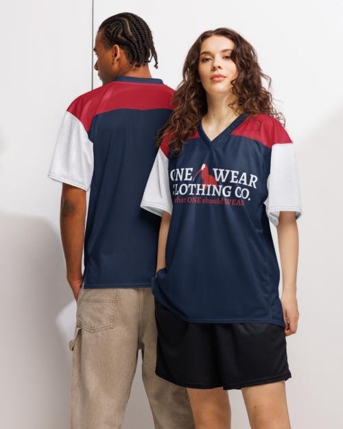 One Wear Slogan & Wavy Head Ibis 2 – American football jersey – Navy, White & Red