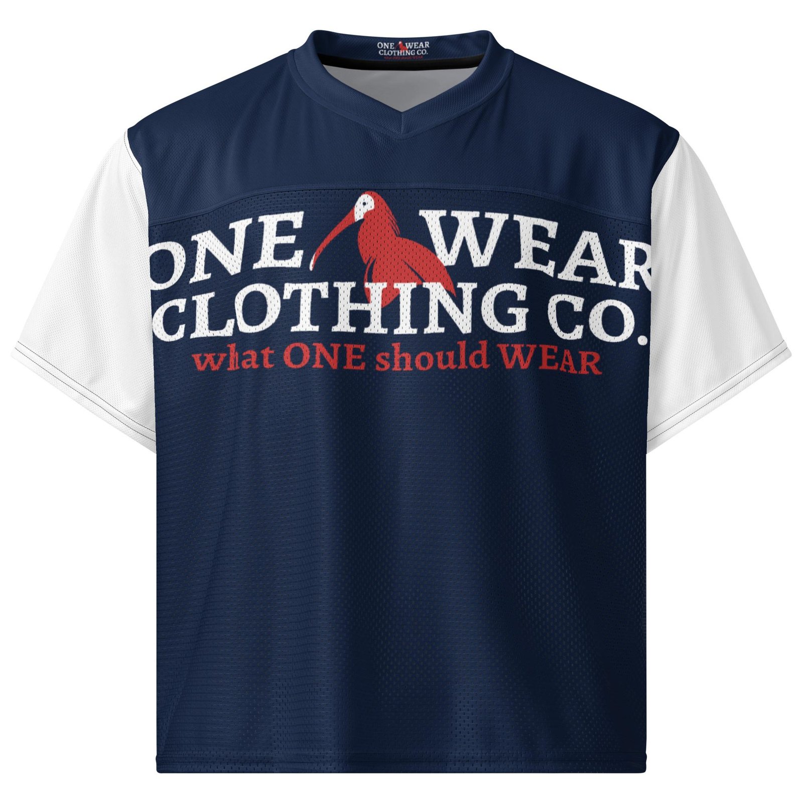 One Wear Slogan & Wavy Head Ibis 2 – Boxy football jersey – Navy, White & Red