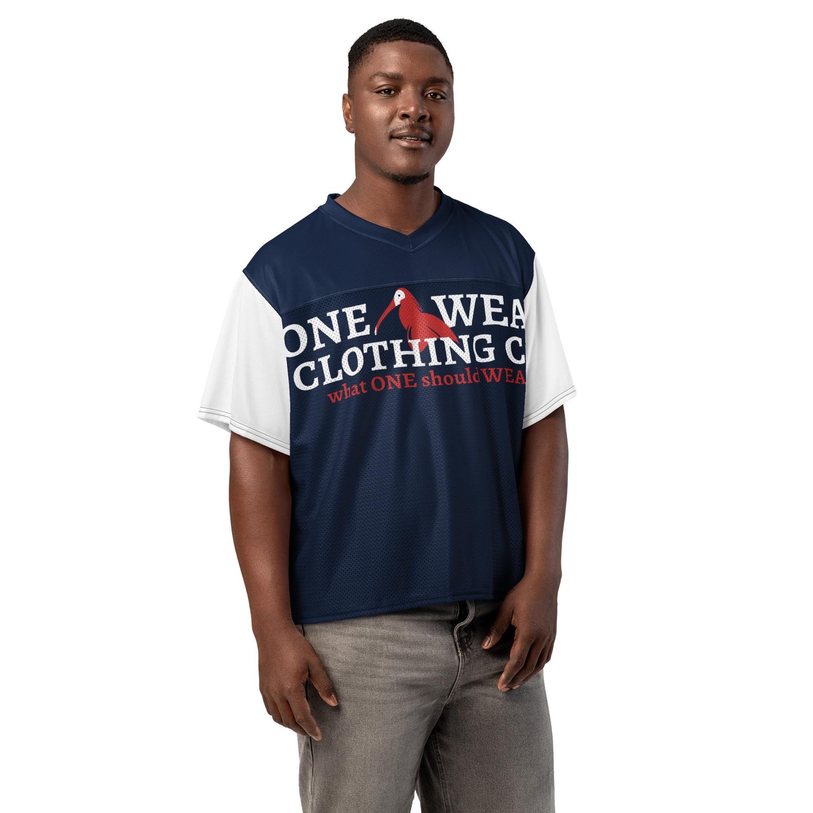 One Wear Slogan & Wavy Head Ibis 2 – Boxy football jersey – Navy, White & Red - Image 3