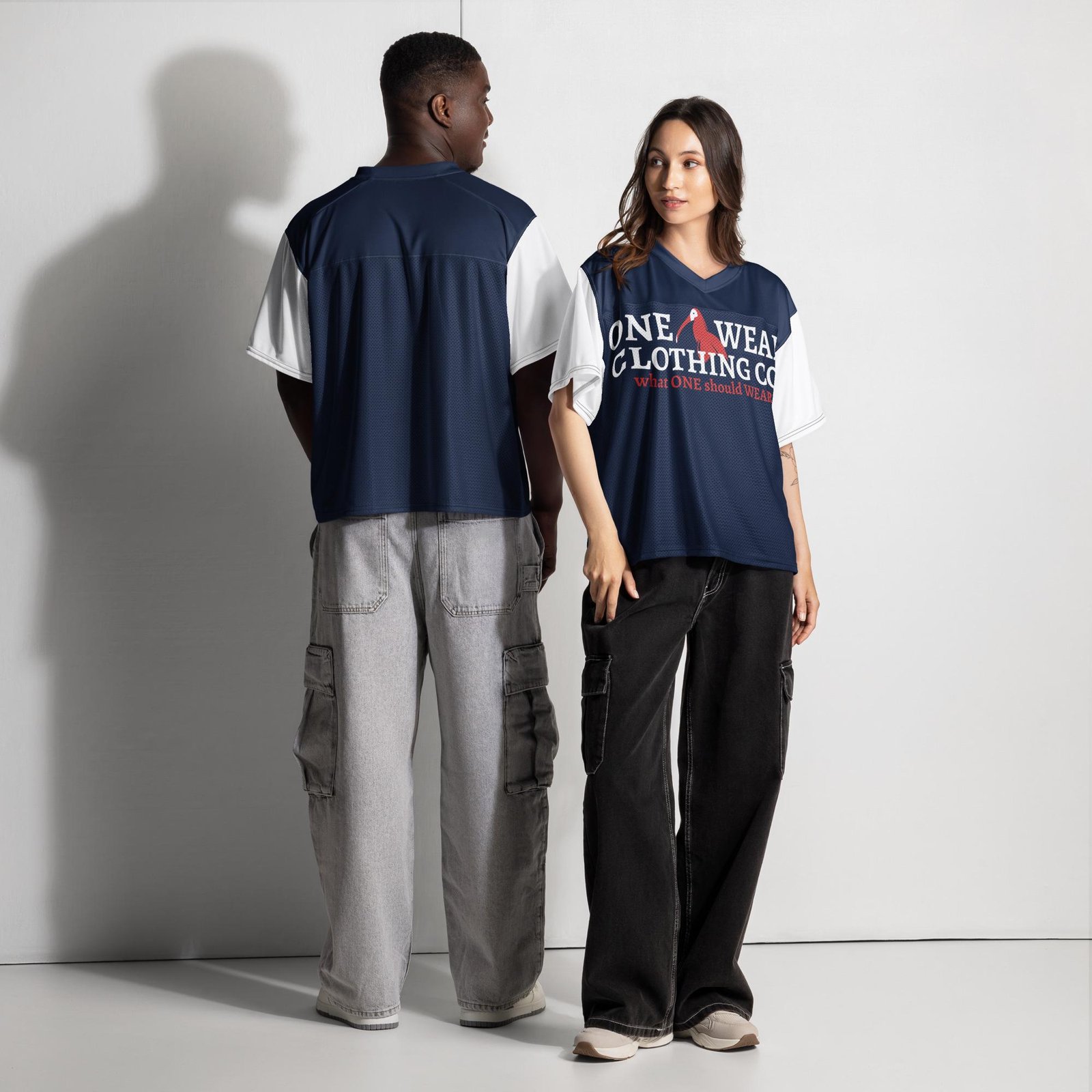 One Wear Slogan & Wavy Head Ibis 2 – Boxy football jersey – Navy, White & Red - Image 2