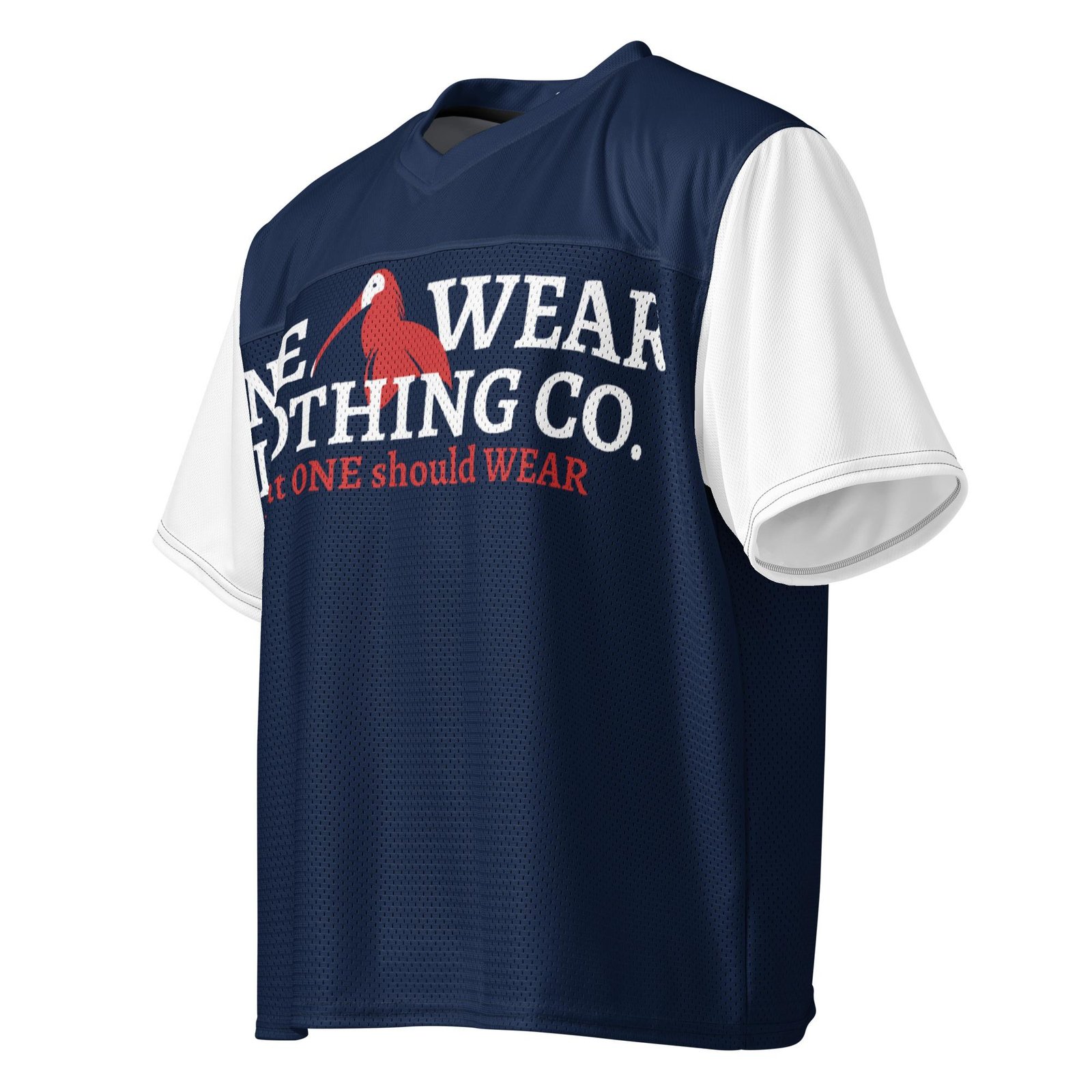 One Wear Slogan & Wavy Head Ibis 2 – Boxy football jersey – Navy, White & Red - Image 5