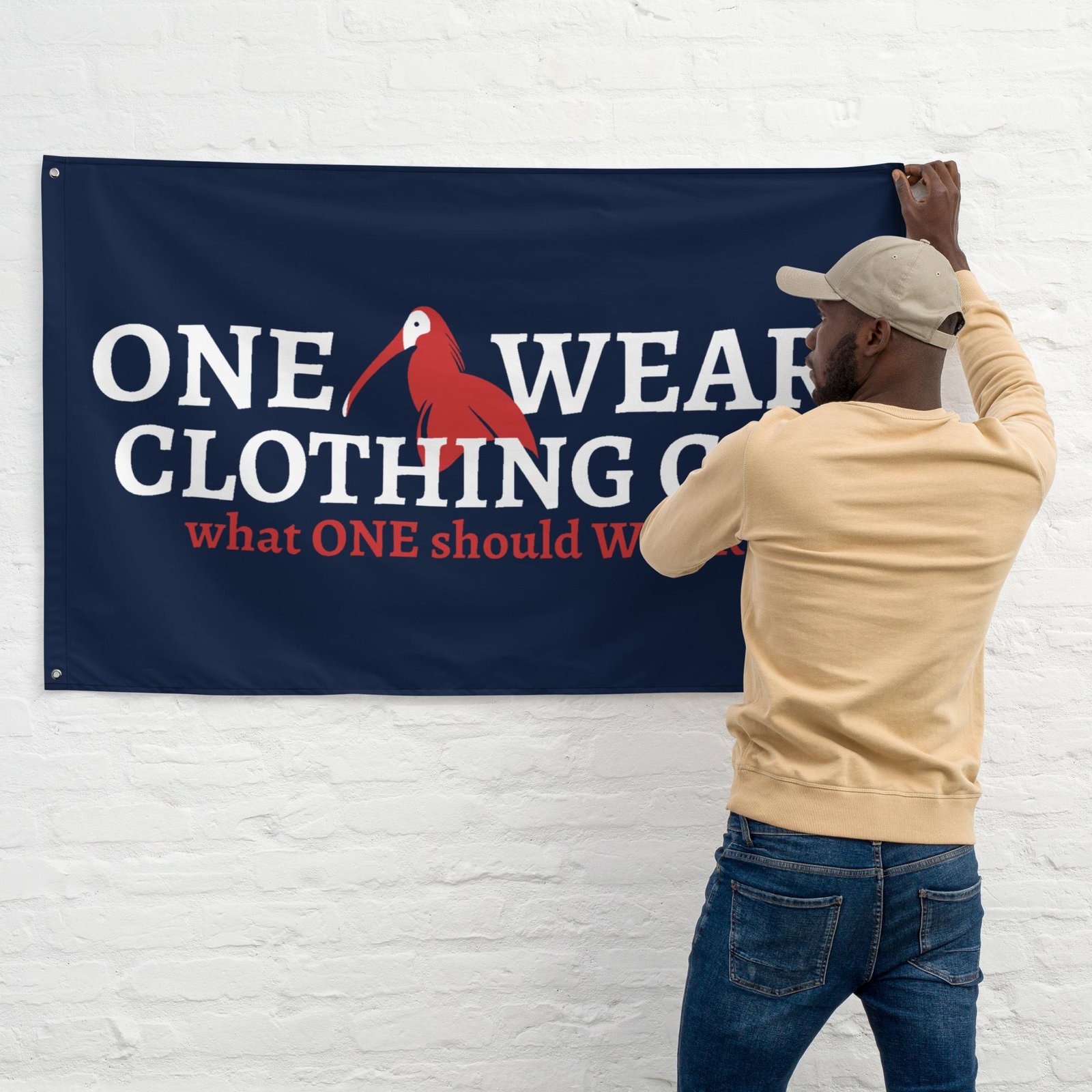 One Wear Slogan & Wavy Head Ibis 2 – Flag – Navy, Red & White