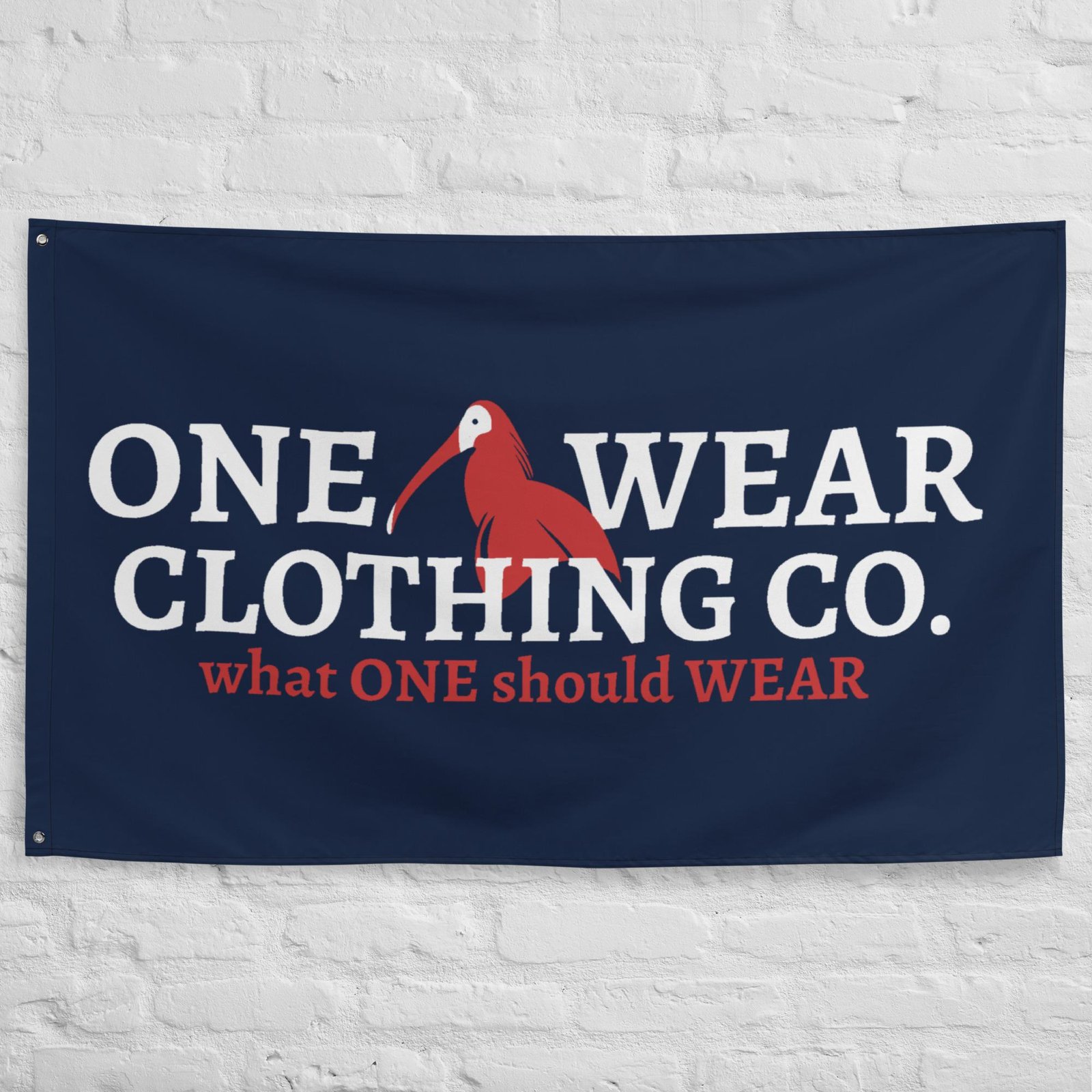 One Wear Slogan & Wavy Head Ibis 2 – Flag – Navy, Red & White - Image 5