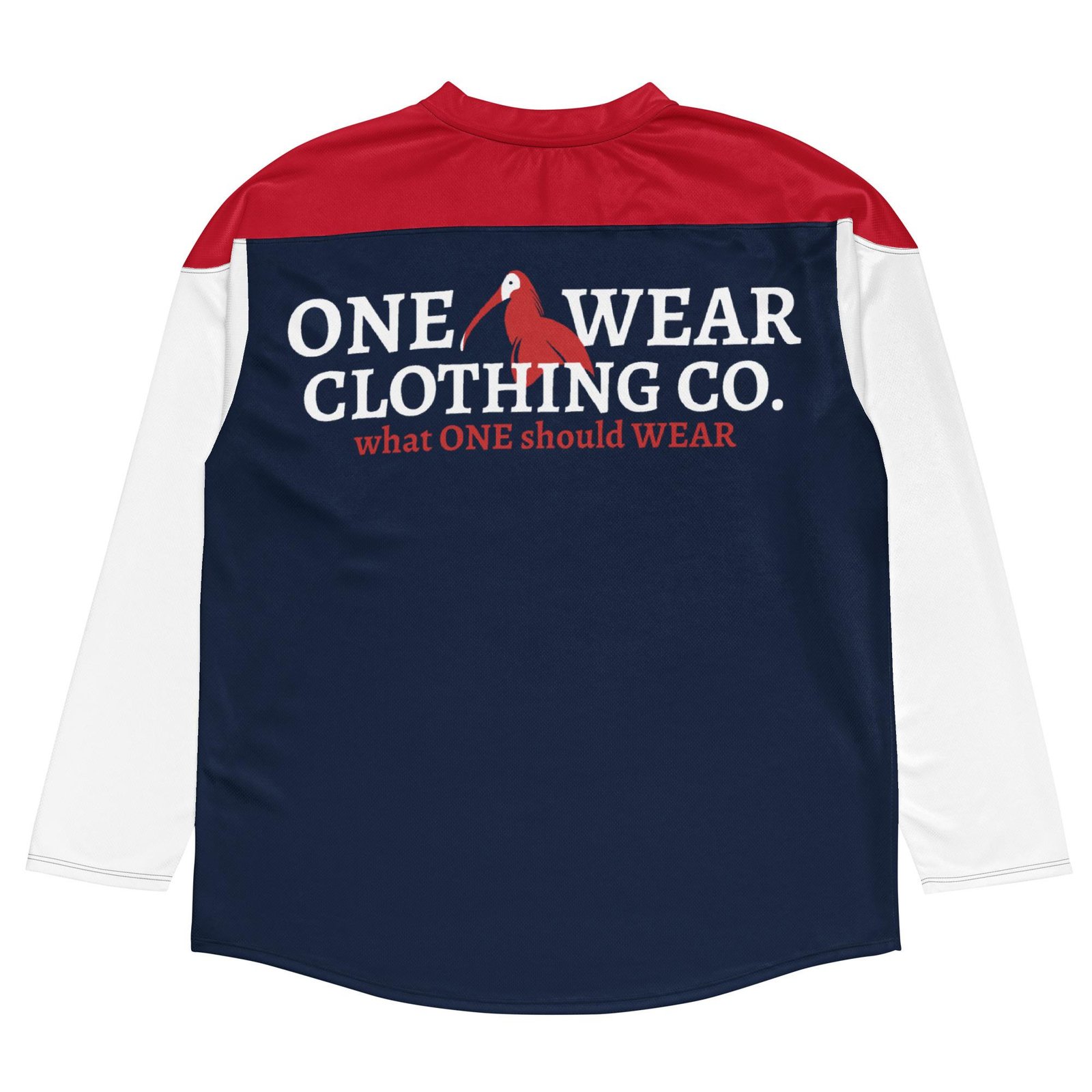 One Wear Slogan & Wavy Head Ibis 2 – Hockey Fan Jersey – Navy, Red & White - Image 9
