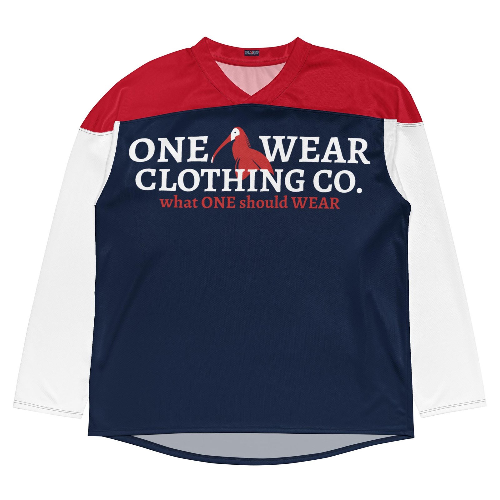 One Wear Slogan & Wavy Head Ibis 2 – Hockey Fan Jersey – Navy, Red & White