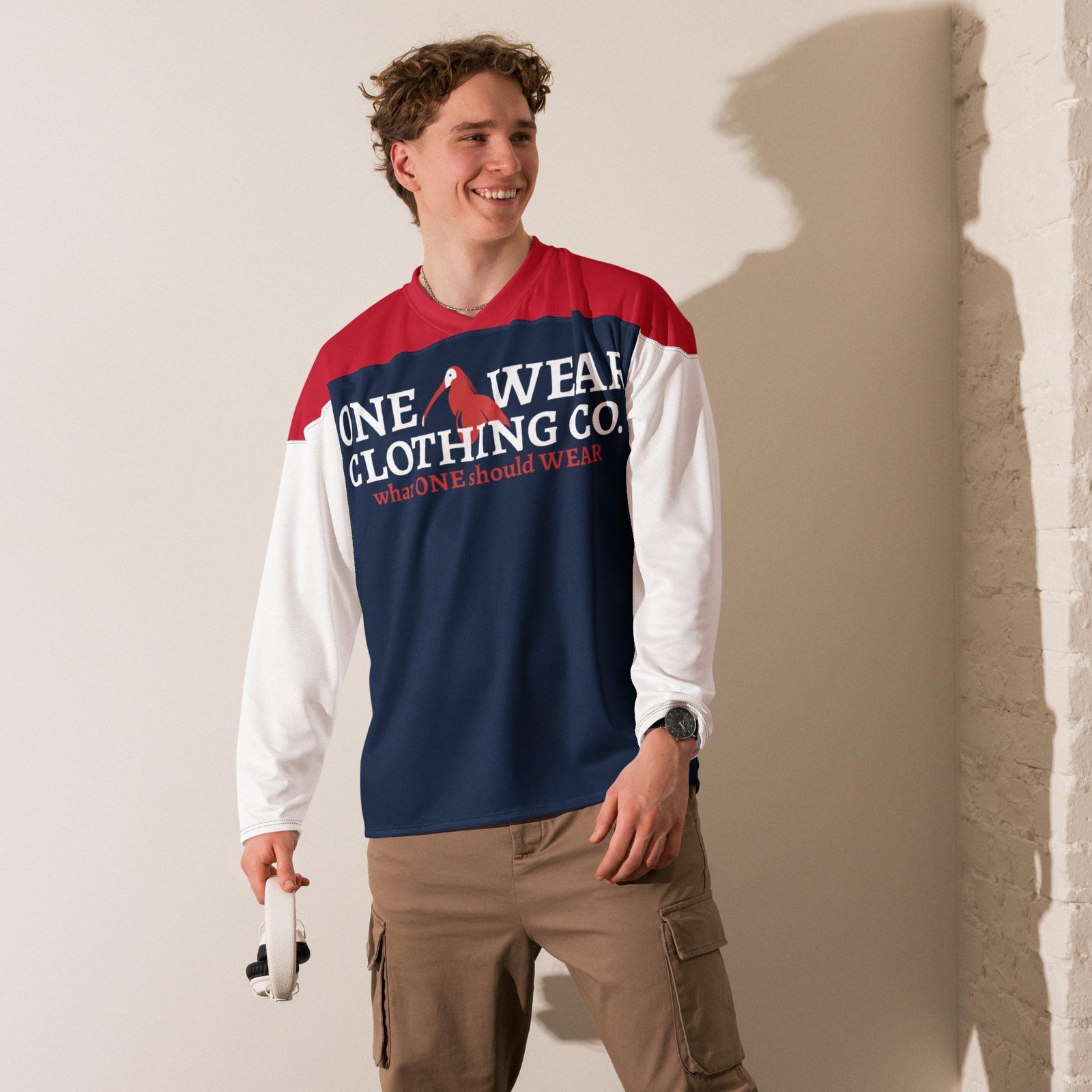 One Wear Slogan & Wavy Head Ibis 2 – Hockey Fan Jersey – Navy, Red & White - Image 2