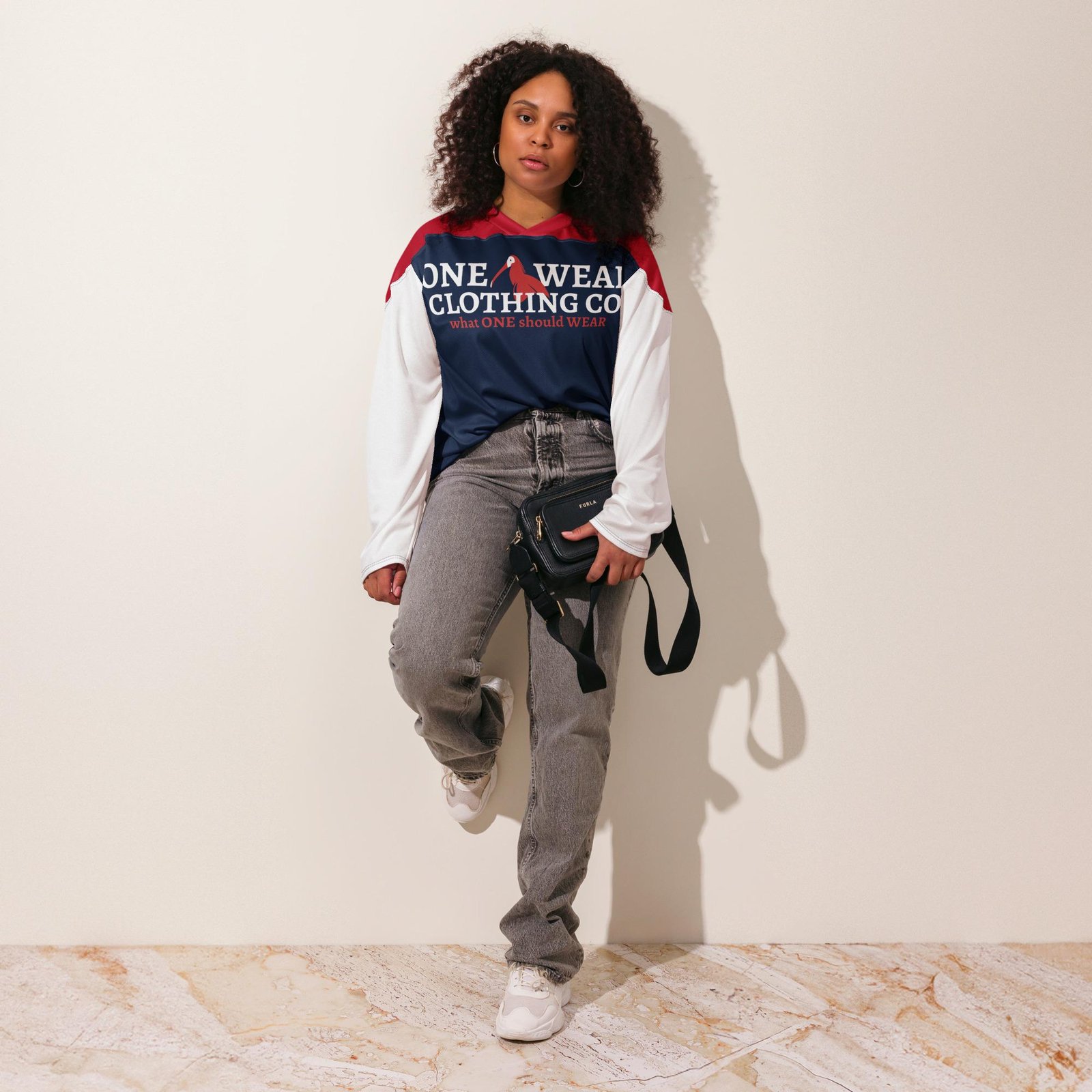 One Wear Slogan & Wavy Head Ibis 2 – Hockey Fan Jersey – Navy, Red & White - Image 3