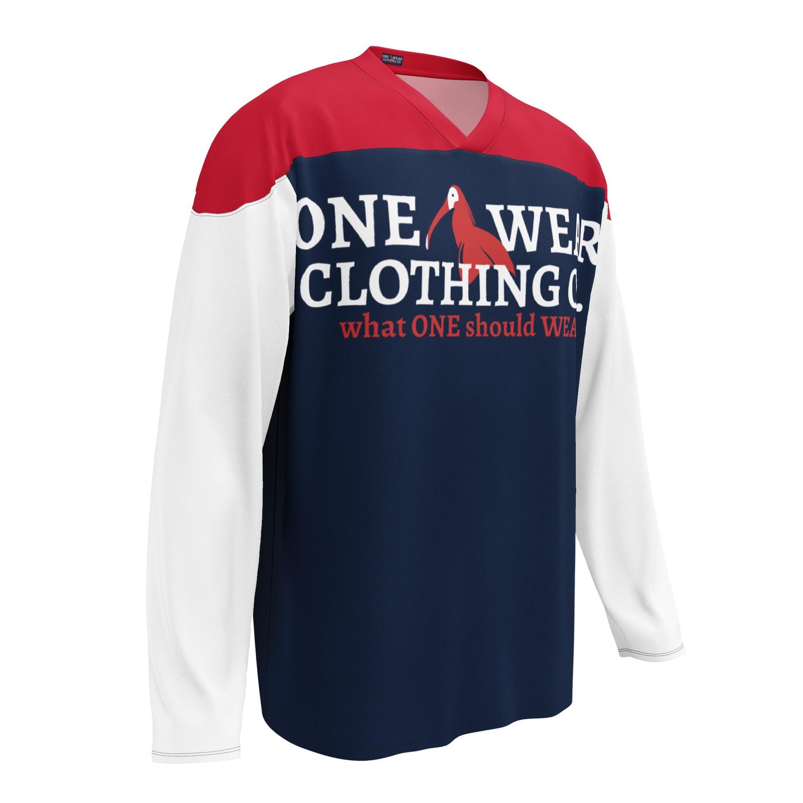 One Wear Slogan & Wavy Head Ibis 2 – Hockey Fan Jersey – Navy, Red & White - Image 7