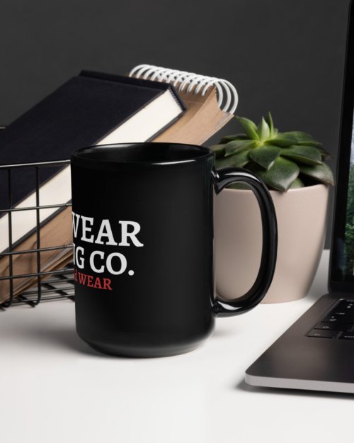 One Wear Slogan & Wavy Head Ibis 2 – Black Glossy Mug – White & Red