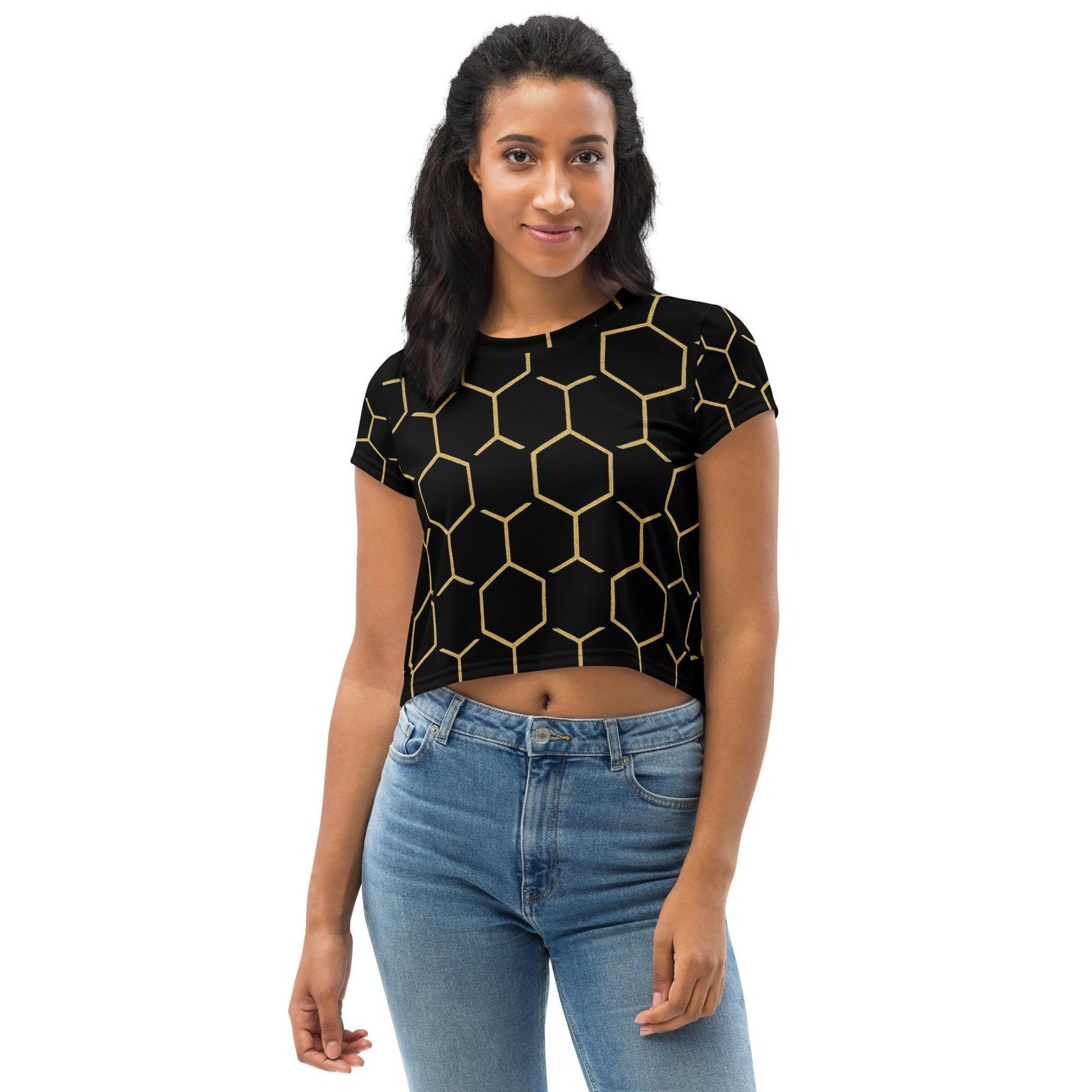 TALISHÉN: Steel Spine Hex Pattern – Crop Tee – Black & Gold - Image 4