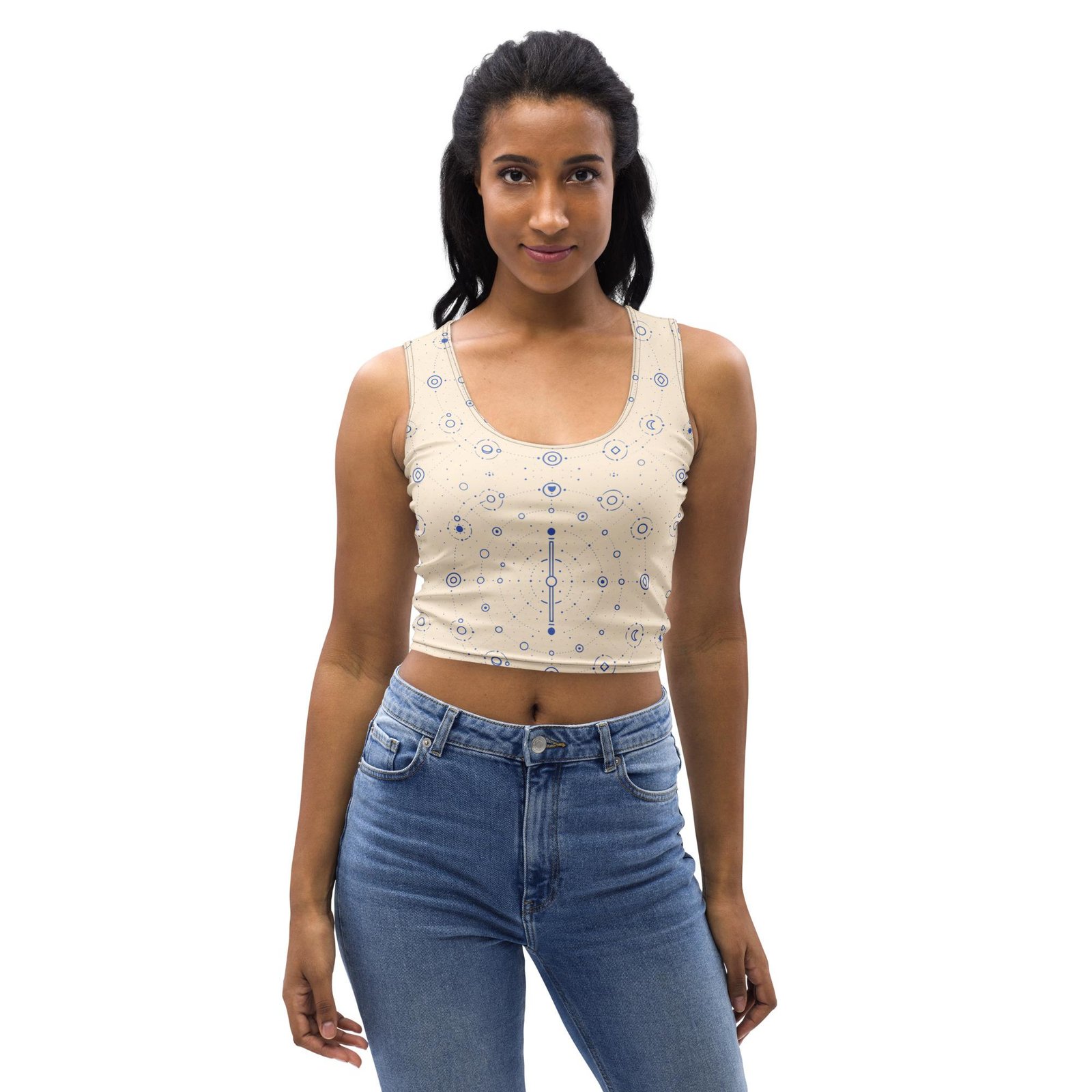 Onegodian Galaxy: Thirteen Worlds Orbit Chain™ – Crop Top – Tan & Navy - Image 4