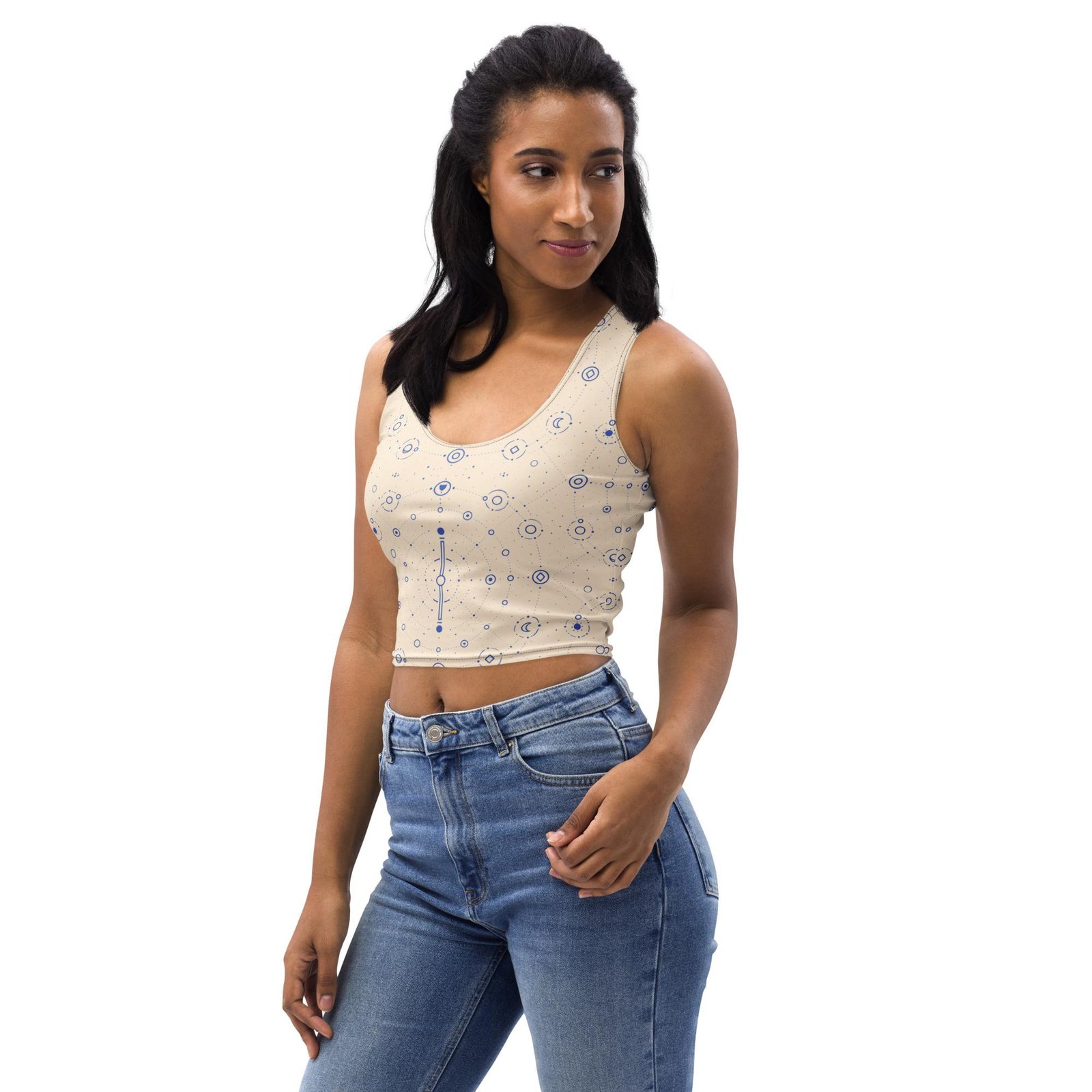 Onegodian Galaxy: Thirteen Worlds Orbit Chain™ – Crop Top – Tan & Navy - Image 3