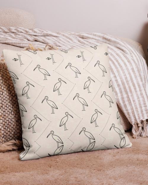 Ibis Line Art Grid – Premium Pillow – Cream & Black