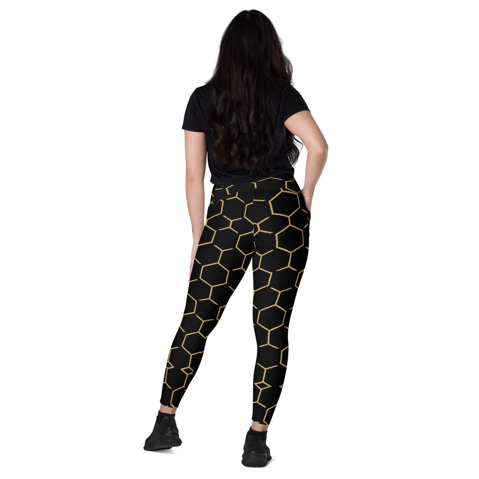 TALISHÉN: Steel Spine Hex Pattern – Crossover leggings with pockets – Black & Gold - Image 3