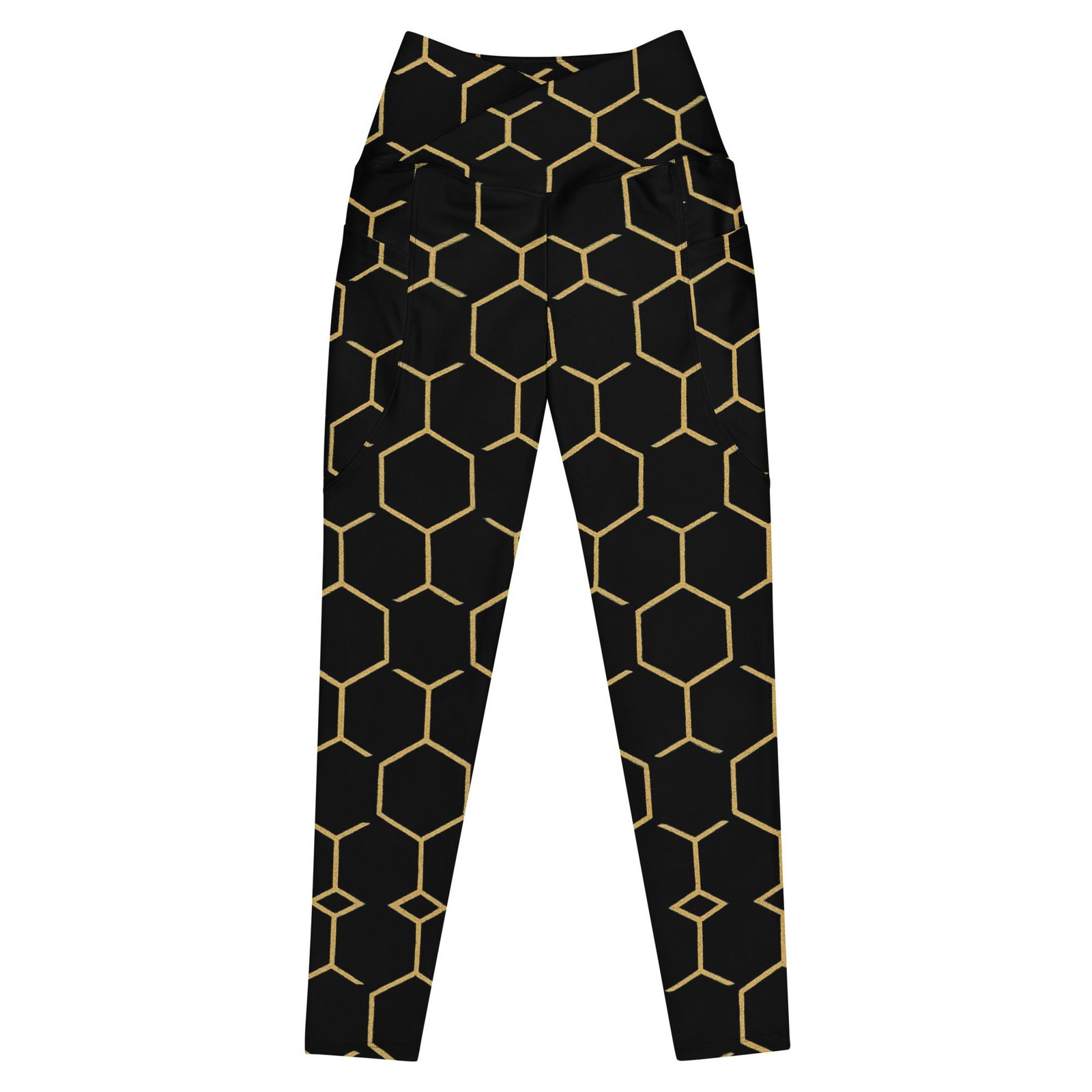 TALISHÉN: Steel Spine Hex Pattern – Crossover leggings with pockets – Black & Gold