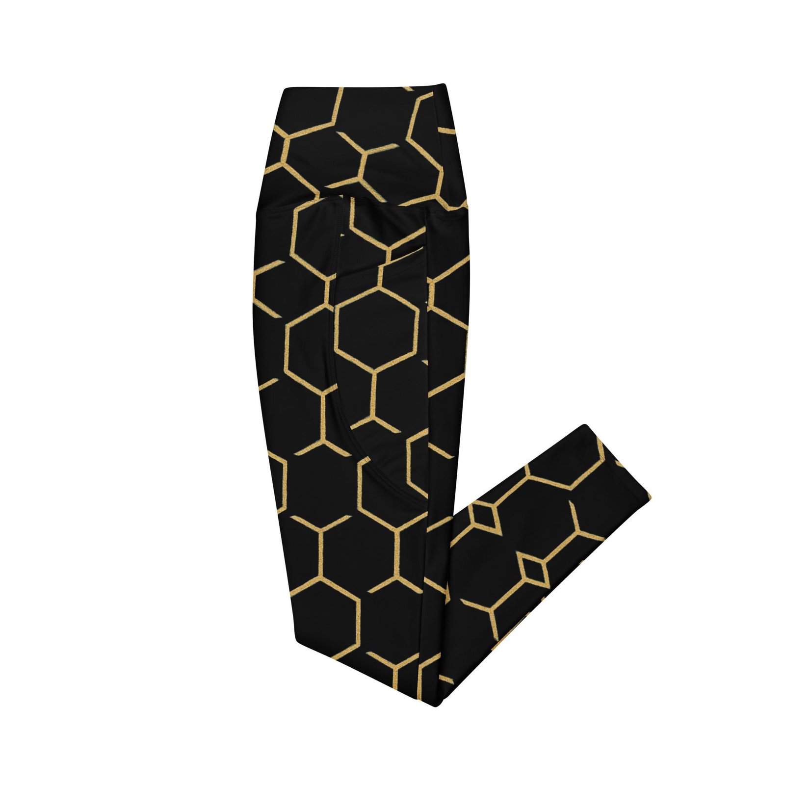 TALISHÉN: Steel Spine Hex Pattern – Crossover leggings with pockets – Black & Gold - Image 10