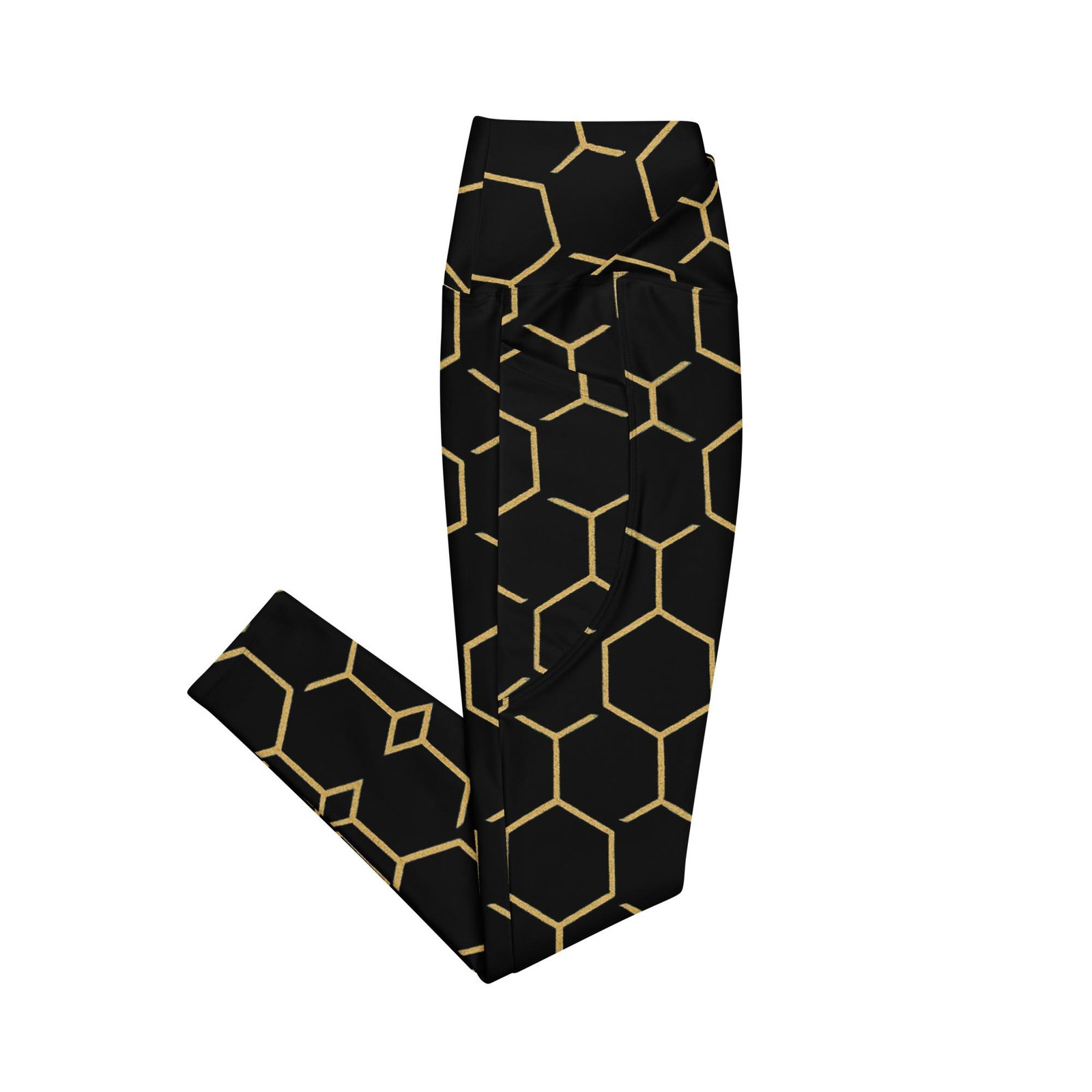 TALISHÉN: Steel Spine Hex Pattern – Crossover leggings with pockets – Black & Gold - Image 8