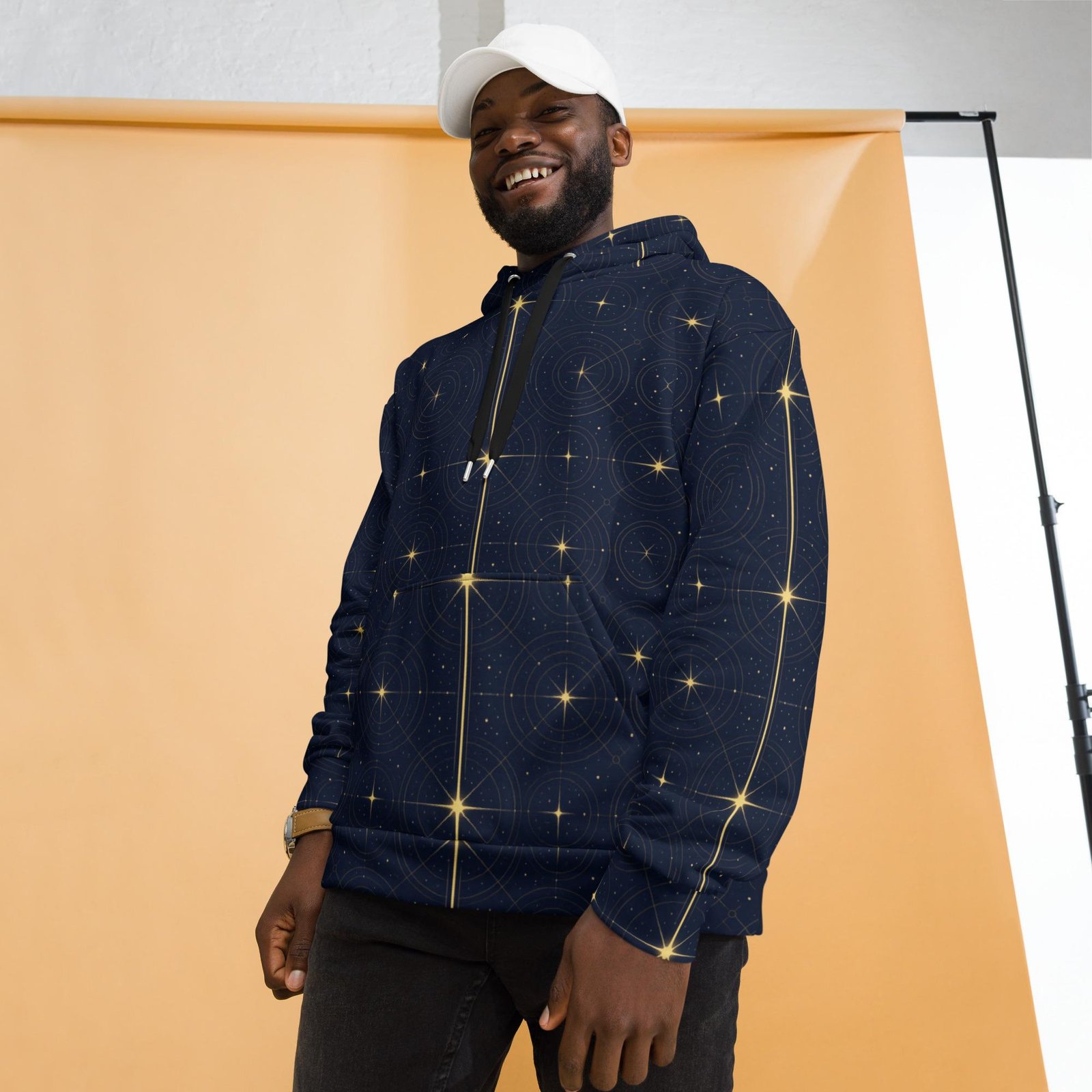 Onegodia: Luminel Axis Grid™ – Unisex Hoodie – Navy & Gold - Image 2