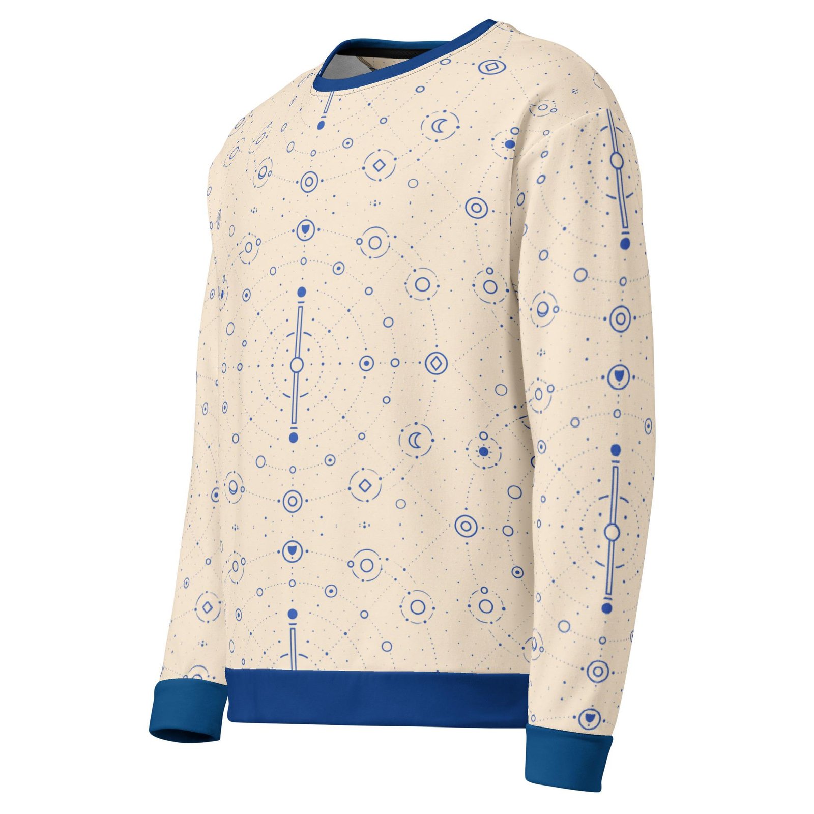 Onegodian Galaxy: Thirteen Worlds Orbit Chain™ – Unisex Sweatshirt – Tan & Navy - Image 3