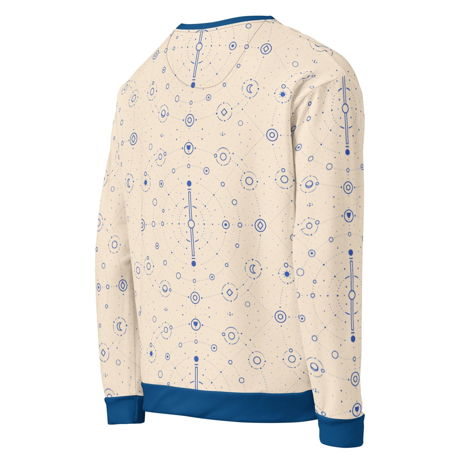 Onegodian Galaxy: Thirteen Worlds Orbit Chain™ – Unisex Sweatshirt – Tan & Navy - Image 4