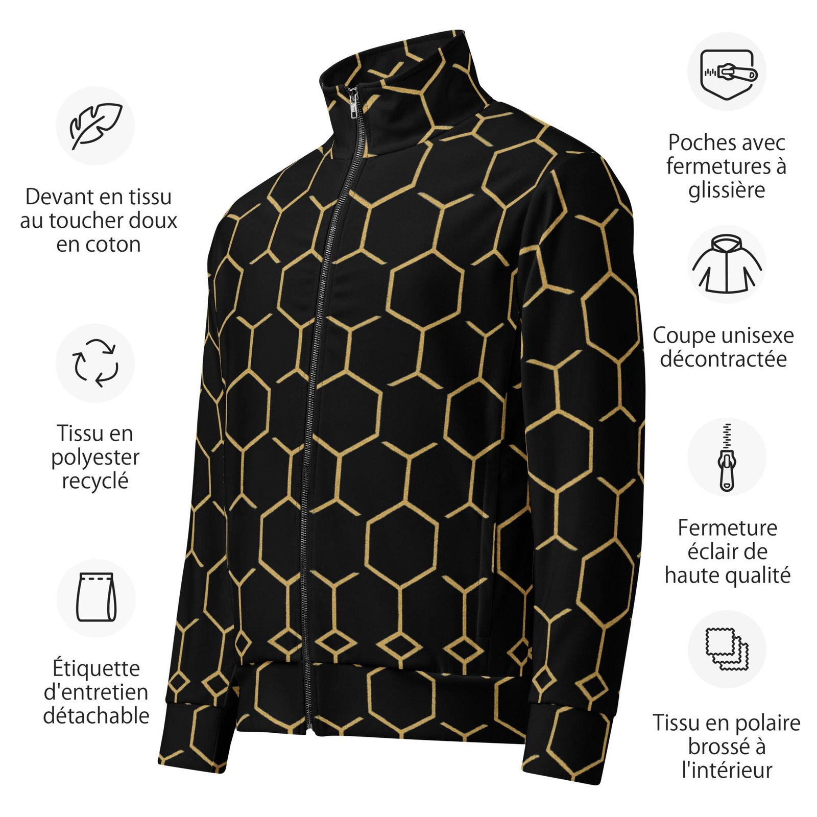 TALISHÉN: Steel Spine Hex Pattern – Unisex track jacket – Black & Gold - Image 5