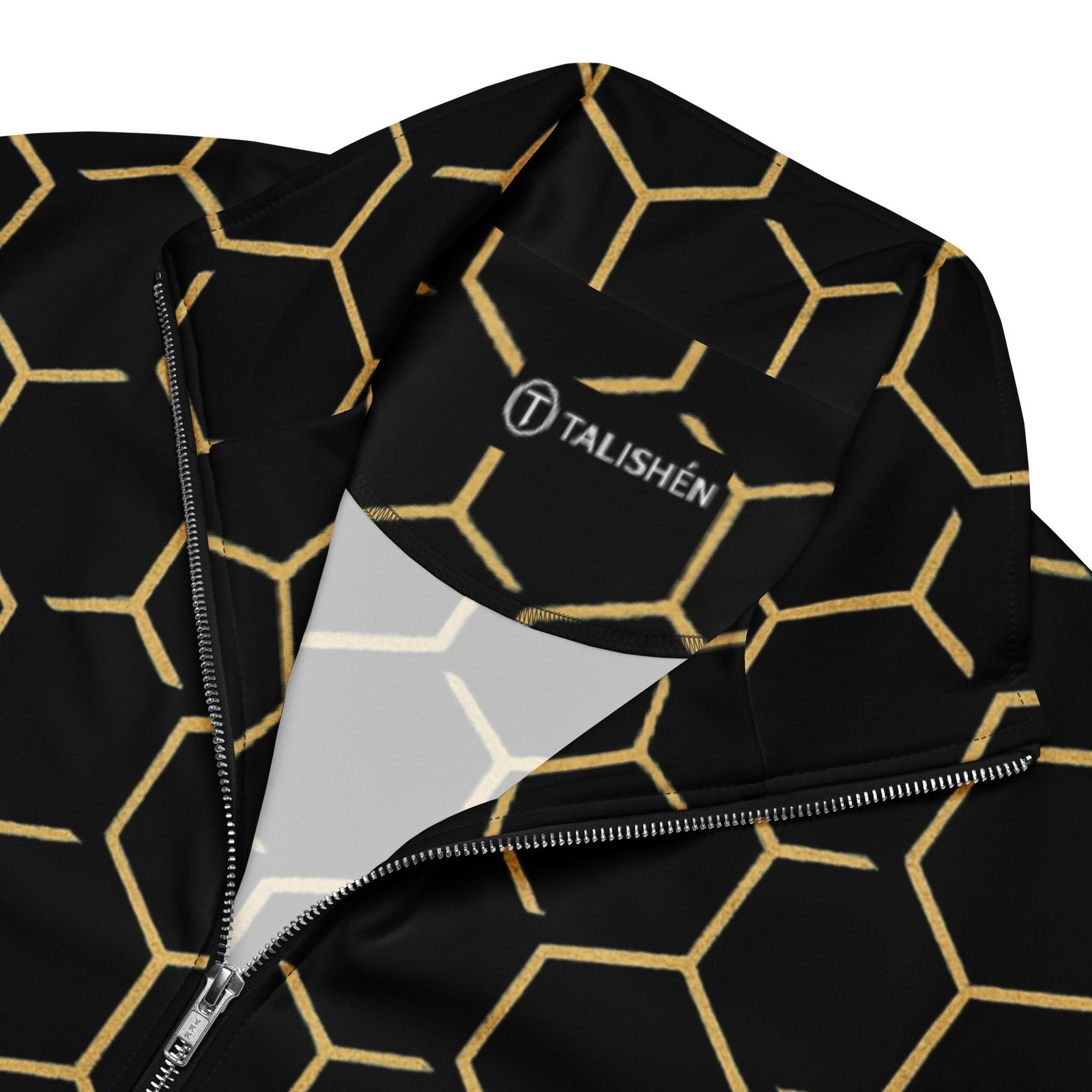 TALISHÉN: Steel Spine Hex Pattern – Unisex track jacket – Black & Gold - Image 2