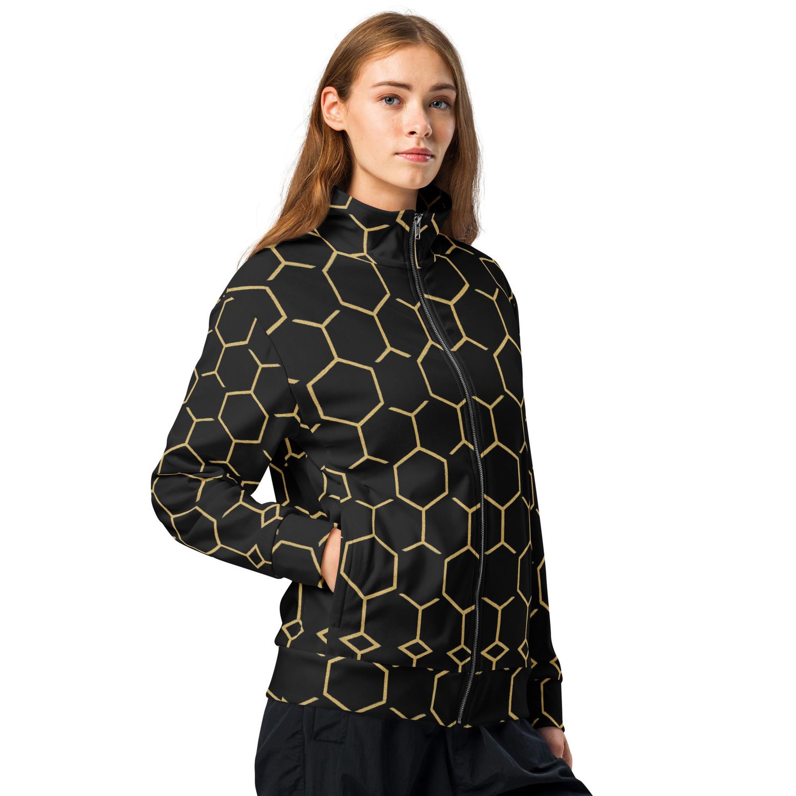 TALISHÉN: Steel Spine Hex Pattern – Unisex track jacket – Black & Gold - Image 11