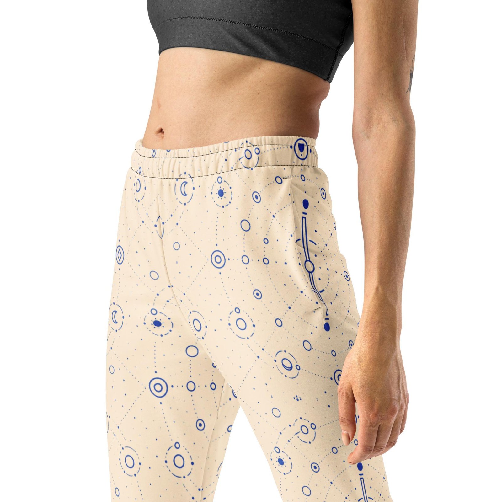 Onegodian Galaxy: Thirteen Worlds Orbit Chain™ – Women's Joggers – Tan & Navy - Image 4