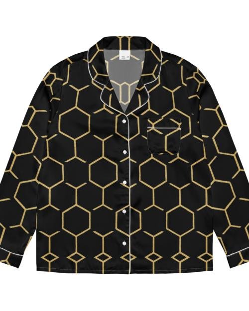 TALISHÉN: Steel Spine Hex Pattern – Women’s long sleeve pajama top – Black & Gold