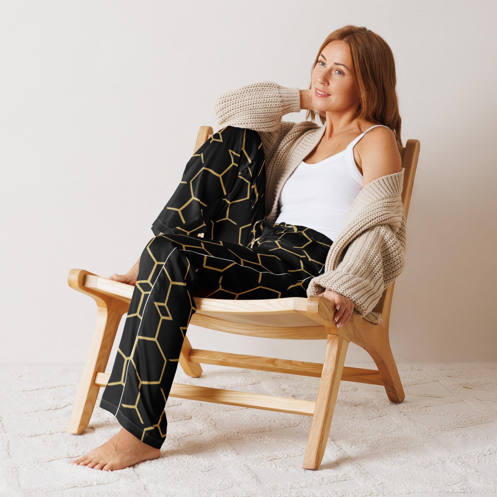 TALISHÉN: Steel Spine Hex Pattern – Women’s pajama pants – Black & Gold - Image 3