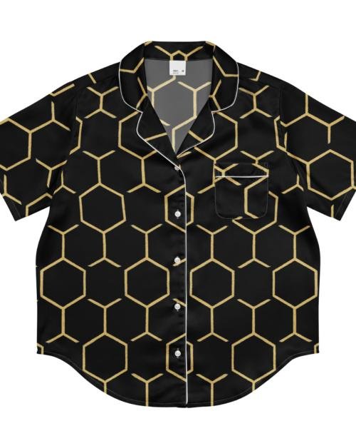 TALISHÉN: Steel Spine Hex Pattern – women’s short sleeve pajama top – Black & Gold