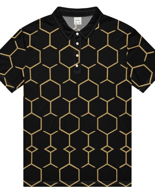 TALISHÉN: Steel Spine Hex Pattern – Men’s slim fit polo – Black & Gold