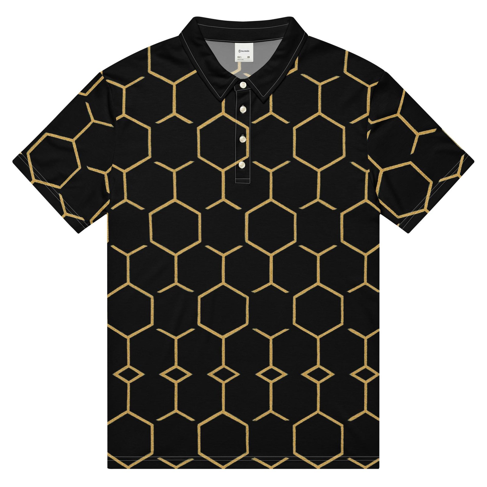 TALISHÉN: Steel Spine Hex Pattern – Men’s slim fit polo – Black & Gold
