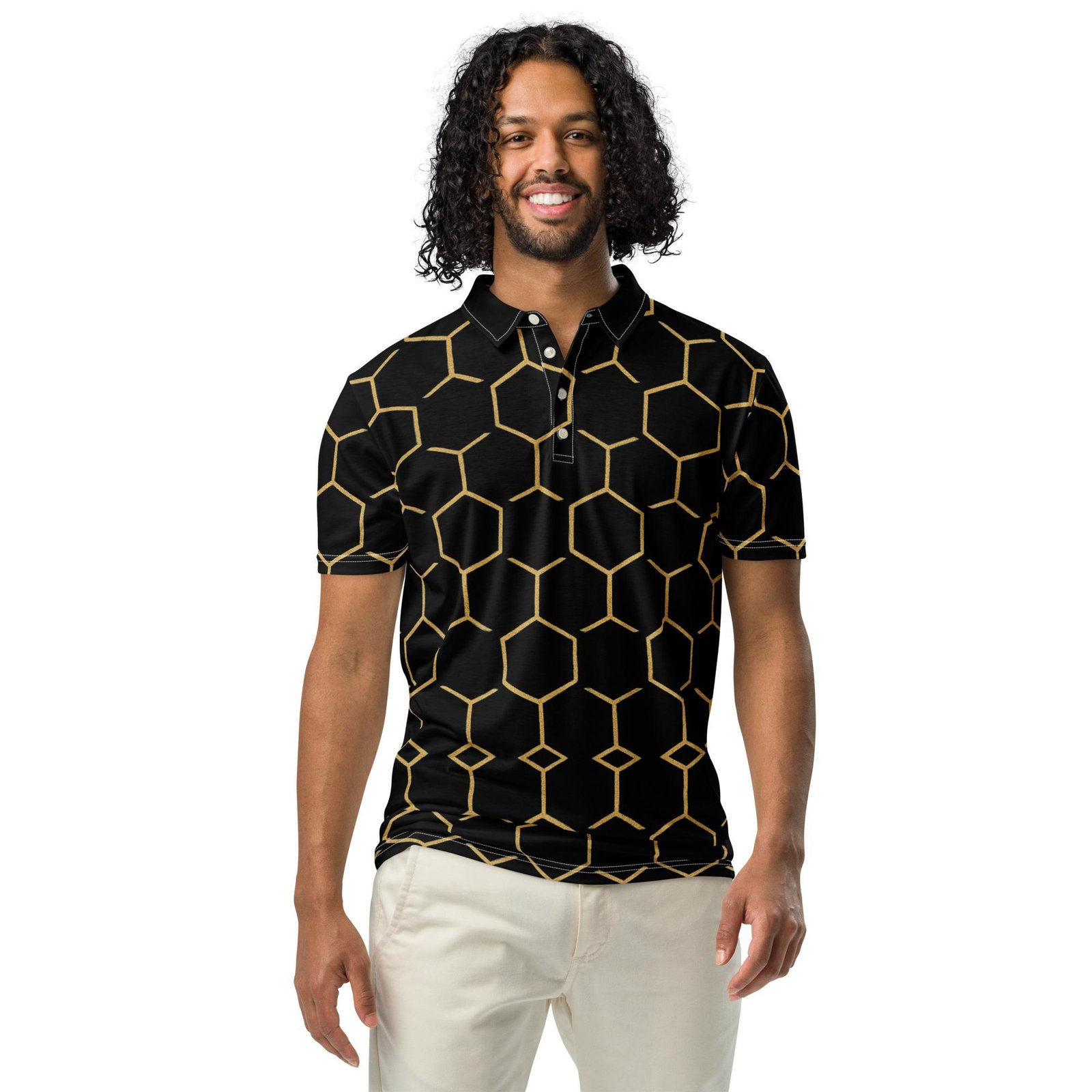 TALISHÉN: Steel Spine Hex Pattern – Men’s slim fit polo – Black & Gold - Image 3