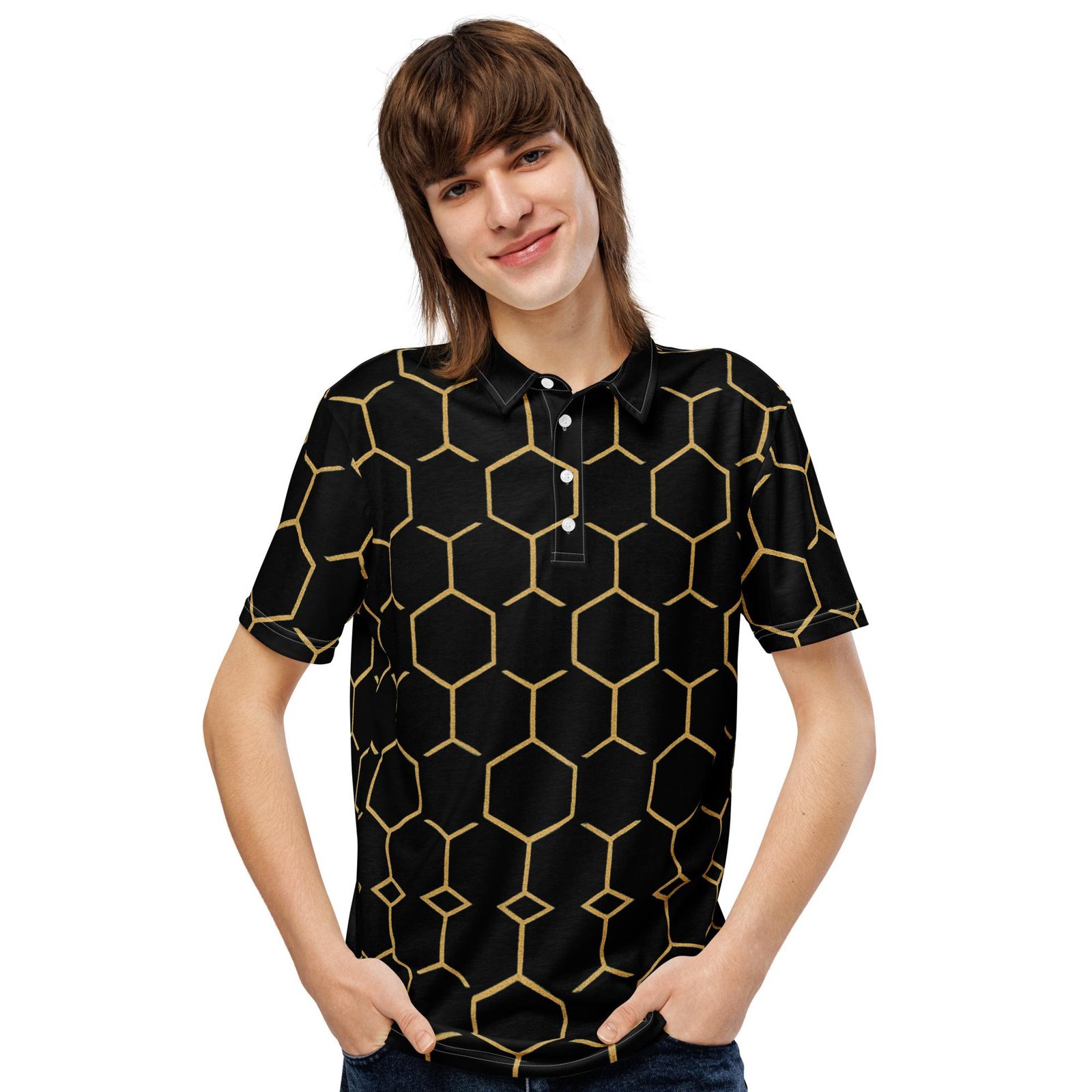 TALISHÉN: Steel Spine Hex Pattern – Men’s slim fit polo – Black & Gold - Image 5