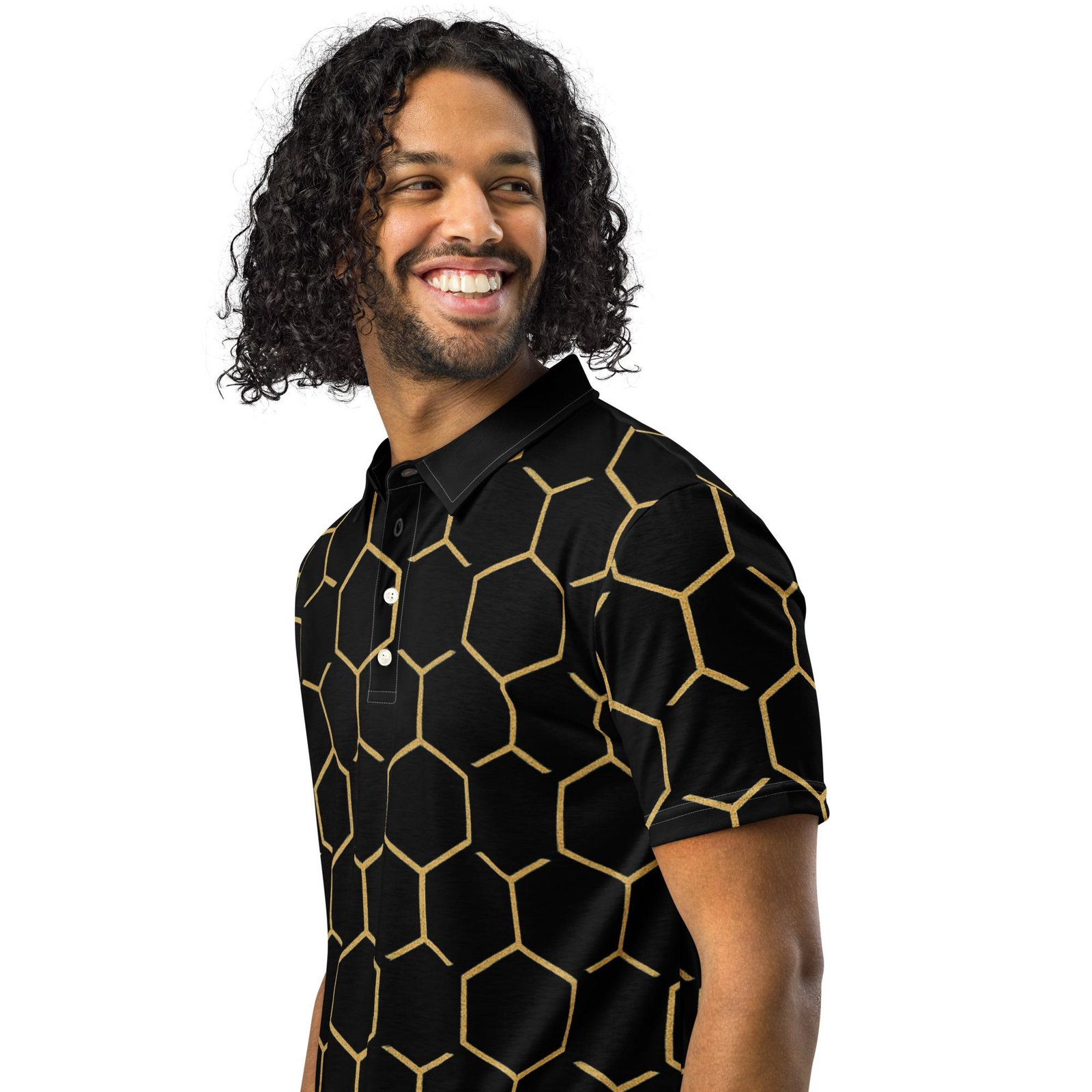 TALISHÉN: Steel Spine Hex Pattern – Men’s slim fit polo – Black & Gold - Image 4