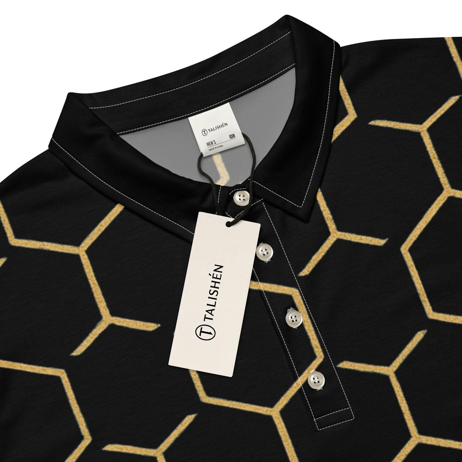 TALISHÉN: Steel Spine Hex Pattern – Men’s slim fit polo – Black & Gold - Image 2